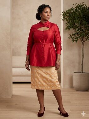 ARCHIVAL Bespoke Crimson Raw Silk Cut-Out Tunic From Parisian Estate Collection